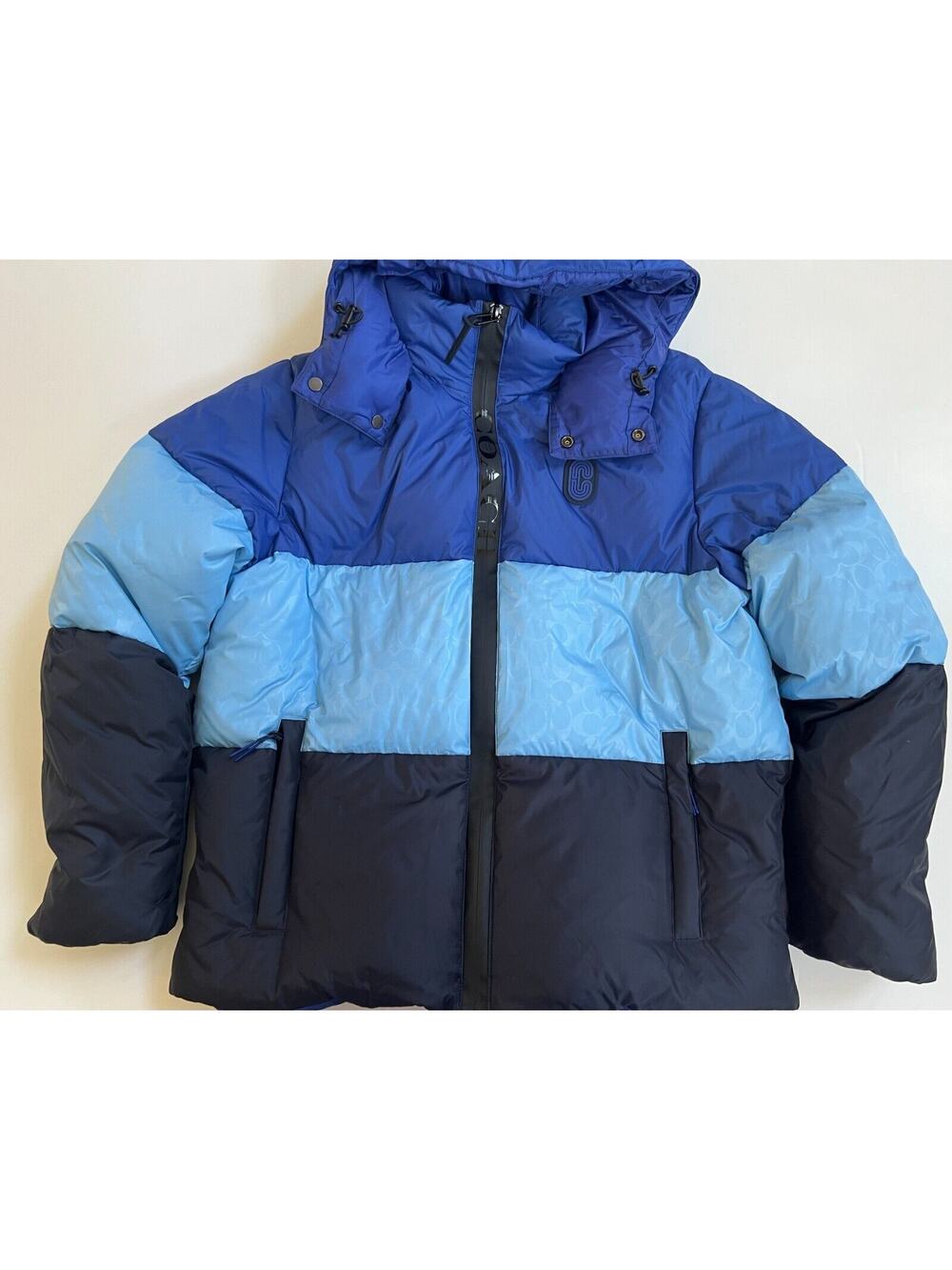 Coach CB661 Colorblock Down Puffer Jacket Royal Blue Multi XL $650